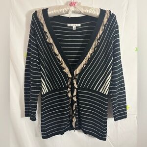 CAbi The Flirt Black and Cream Striped Cardigan with Ruffled Trim Size S/M